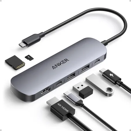 Hub Usb C 7 Portas Em 1 Anker Adaptador Multiporta para Notebook, HDMI 4K@60Hz, Até 85W, 3 portas USB-A e USB-C 3.0, Leitor de Cartões SD/TF, Compatível com Thunderbolt para MacBook, Windows e Mais