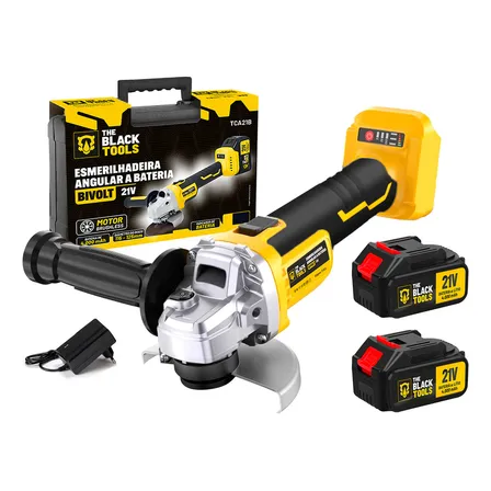 Esmerilhadeira Lixadeira Angular A Bateria 21v Bivolt 9000 Rpm 125 E 115mm Com 2 Baterias E Maleta The Black Tools Amarelo E Preto 127/220v