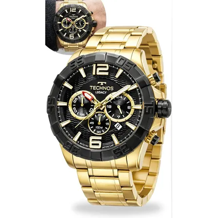 Relógio Technos Masculino Legacy Cronógrafo Aço Dourado Preto 100m