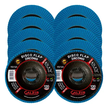 Kit Com 10 Unidades Disco De Lixa Flap Plano 4.1/2 Pol. Grão 120 Para Esmerilhadeiras Lixadeira Galzer