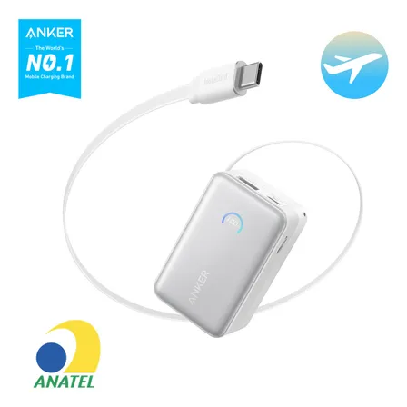 Carregador Portátil Power Bank 10000mAh 45w Anker Cor Branco Com 2 Ports 1 Cabo Usb‑C Retrátil Display Inteligente Carga Turbo Rápida Compatível Com iPhone 17/16/15, Samsung, Notebook, Macbook, AirPod
