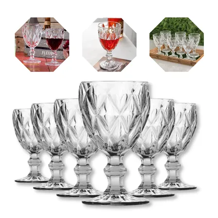 Jogo 6 Taças Diamante Vidro 330ml Copo Diamond Moderno Luxo Transparente Diamante Lapidado Gostei!