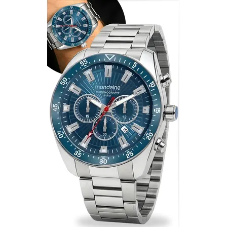 Relógio Cronógrafo Masculino Mondaine Prateado Fundo Azul 50m Aço