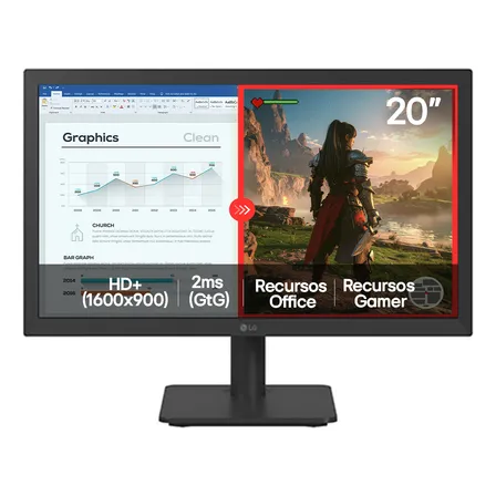Monitor LG LED Home & Office 20U401A-B Tela 20” HD+, LG Switch, Modo leitura e Flicker Safe, HDMI, VGA, 2ms (GtG), 75Hz, Black Stabilizer, Dynamic Action Sync, Crosshair, saída fone de ouvido