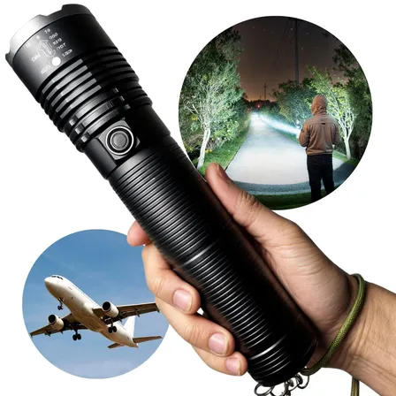 Lanterna Led Tática Recarregável Potente Alcance 2km Alumínio De Avião Militar Sitio Fazenda Pesca Acampamento Camping Usb 6x Baterias 9000mah Emergência Sobrevivência Led Mais Forte Do Mundo Pro