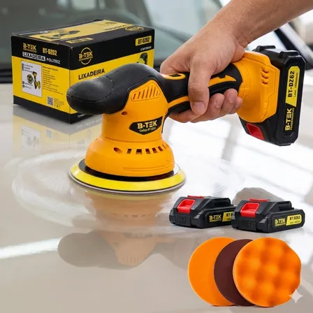 Politriz Lixadeira Orbital Automotiva Profissional Elétrica Rotativa 600w 2 Baterias 21v Kit Completo C/Lixas Politriz Sem Fio Multifunções Polimento, Funilaria, Acabamento Forte 5000rpm Brushless