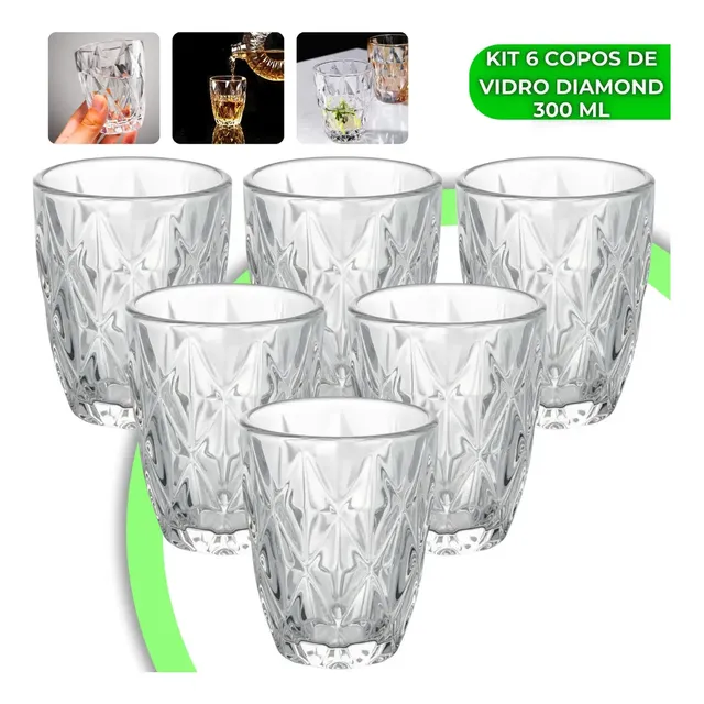 Jogo 6 Copos Diamond 300ml Vidro Grosso Diamante Luxo Moderno Resistente Buffet Casual Baixos Transparente