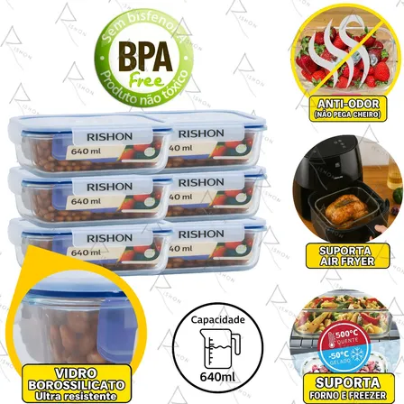 Kit 6 Pote De Vidro Marmita Hermético 640ml Freezer Fitness Rishon