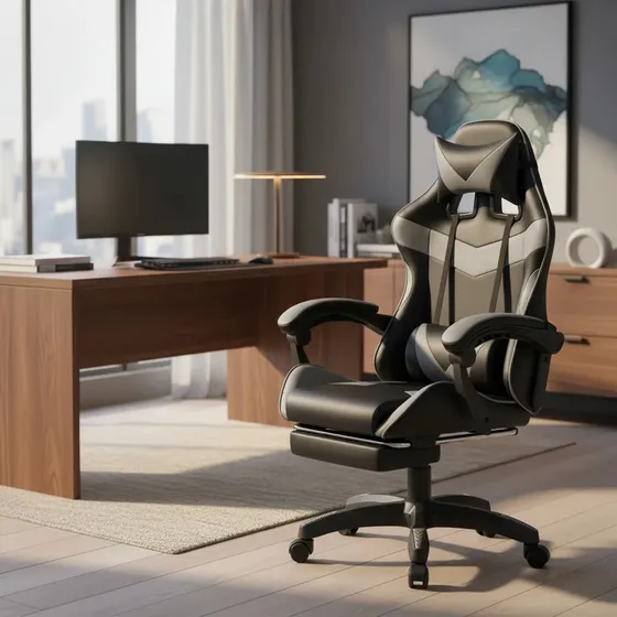 Cadeira De Escritório Gamer Nitro Ergonômica Estofado Couro Sintético Reclinável Altura Ajustável Apoio Para Pés Cor Cinza