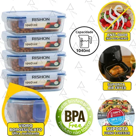Kit 4 Potes Vidro Borosilicato 1040ml Hermético Marmita Forno Refratário Transparente Rishon