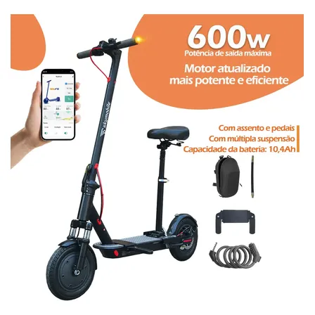 Patinete Elétrico Para Adultos Com Assento 600w, Suspensão Múltipla, Autonomia De 32km, Velocidade Máxima 32 Km/h, Motor E Estrutura Atualizados, Resistente E Ideal Para Subidas Skymobile U6 Max Preto
