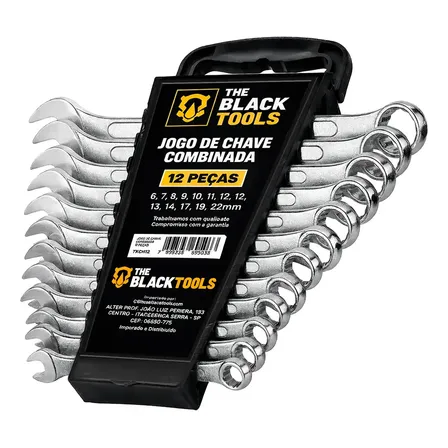 Jogo De Chave Boca E Estrela Combinada 12 Pçs Aço 6-22 Mm Cromada Profissional Tkch12 The Black Tools Prateado