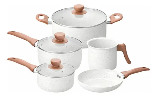 Jogo De Panelas 5 Peças 3mm Revestimento Cerâmico Creme Para Fogão Indução E Tradicional Antiaderente Tampa De Vidro