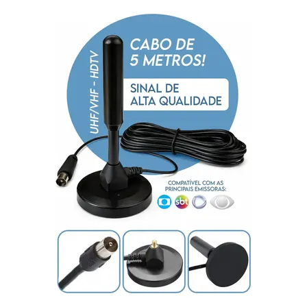 Antena Tv Digital Interna Externa Uhf Vhf Em Alumínio Com Base Magnética Cabo 5m Alta Definição Para Tv E Conversor Sinal Estável Instalação Fácil Sem Mensalidade Davely