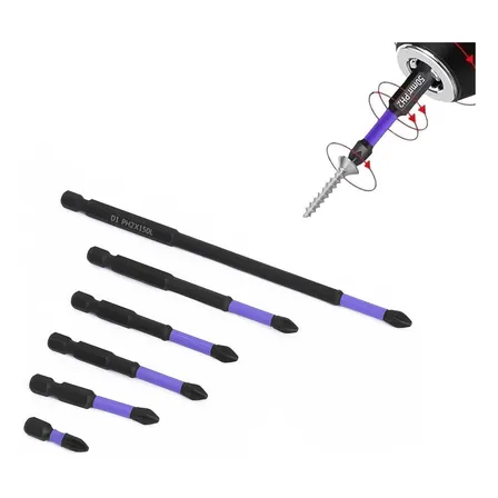 Jogo 6 Pcs Magnético Ponteira Philips Parafusadeira Ph2 Sextavado Profissional 1/4” Adequado para todas as furadeiras elétricas com mandril de 10/13 mm 25mm 50mm 65mm 70mm 90mm 150mm