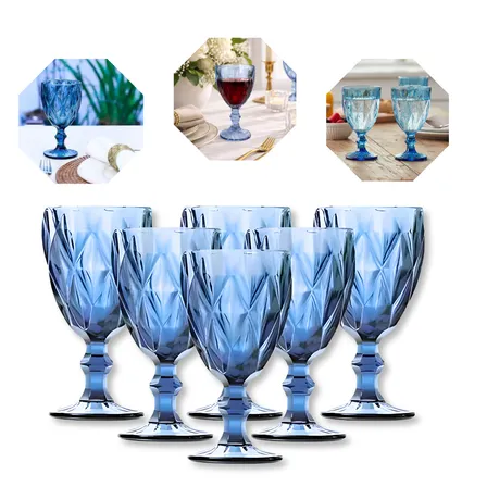 Jogo 6 Taças Diamante Vidro 330ml Copo Moderno Luxo Azul Diamante Lapidado Gostei!