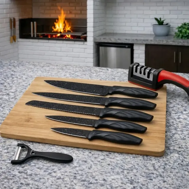 Jogo De Facas Em Aço Inox Conjunto 7 Peças Kit Premium Preto Para Churrasco Cozinha Brinde Afiador Mzcell