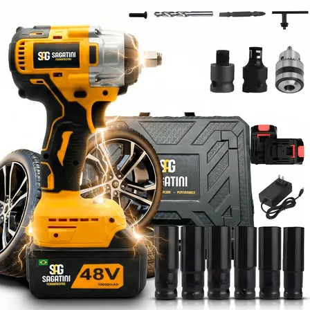 Chave De Impacto Bateria Lítio 48v Parafusadeira Bivolt Amarelo Recarregável Com Acessórios E Maleta 1/2 Polegadas