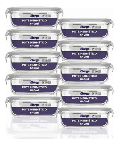 Kit 10 Marmitas De Vidro 640ml Potes Com Tampa Hermética 4 Travas