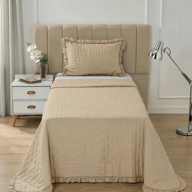 Colcha Cobre Leito 2 Peças Percal 200 Fios Com Babado Floral Solteiro Bege Lisa