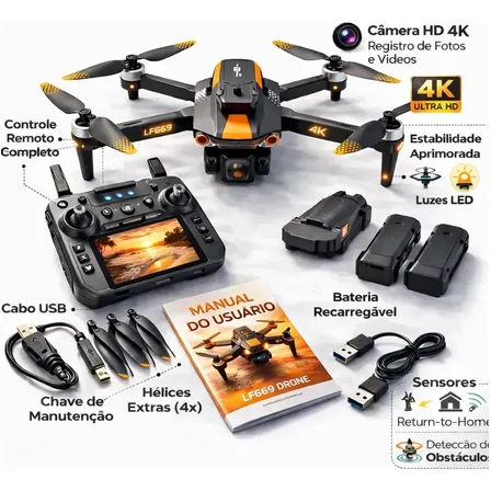Drone LF669 Max Gps 4k Profissional Com Câmera Dupla Ajustável Evitação De Obstáculos 360° Controle Com Tela Retorno Automático Motor Brushless, 2 Baterias Transmissão Em Tempo Real Dobrável Popsy