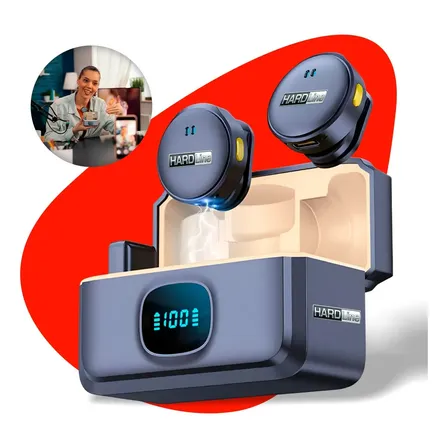 Microfone Lapela Redondo Sem Fio Duplo Anti Ruído Tipo C P/ Android E iPhone 15 16 17 Com Caixinha Para Carregamento Cor Preto - Marca Hardline