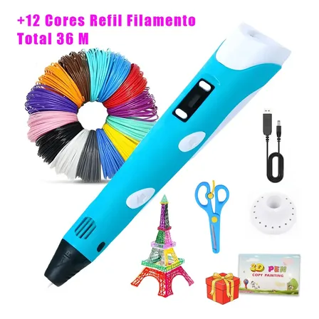 Caneta 3d Impressora Profissional + 12 Cor Refil Filamento 36M + Cabo Usb Caneta 3d Infantil Desenho Portátil 3d Pen Azul 3d Filamento Impressora 3d Caneta 3d Infantil