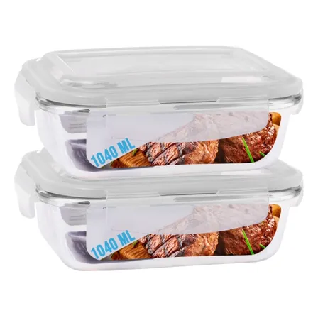 Kit 2 Potes Vidro Hermético Marmita Com 4 Travas 1040ml Transparente
