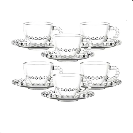 Jogo De Xícaras E Pires Em Vidro 12 Peças Café Pearl Pérola