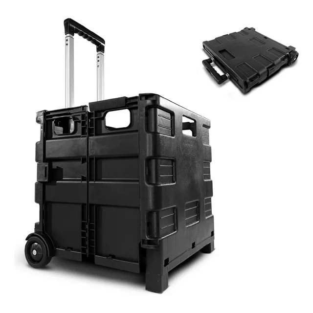 Carrinho Dobrável Multiuso Portátil Vira Maleta Cesto Feira Preto