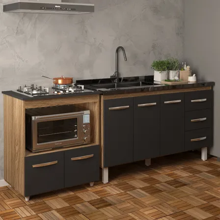Armário Cozinha Pia 140 Cm E Balcão Cooktop 4 Bocas E Forno