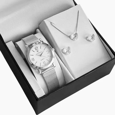 Kit Relógio Feminino Prata Prova D'água + Colar E Brincos