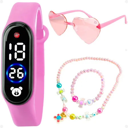 Relogio Infantil Rosa Menina Led Digital Colar + Oculos Moda