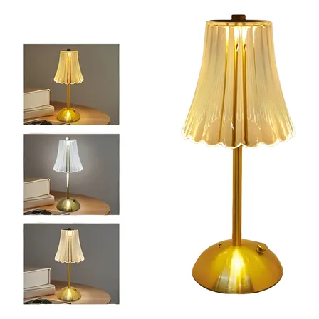 Abajur Mesa Saia De Seda Com Barra Led Sensor Sem Fio 3 Cor Dourado