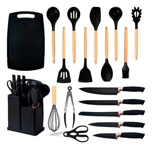 Conjunto 19 Peças Utensílios Cozinha Silicone Preto Helplo