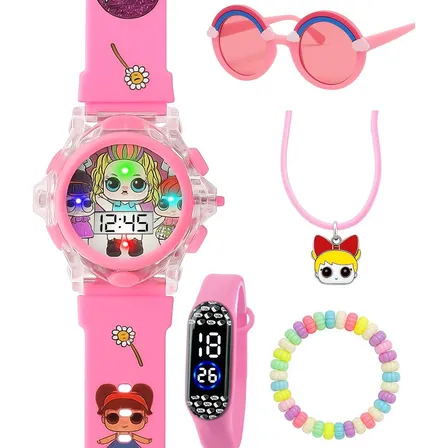 Relogio Digital Infantil Led Rosa + Colar Oculos + Pulseira