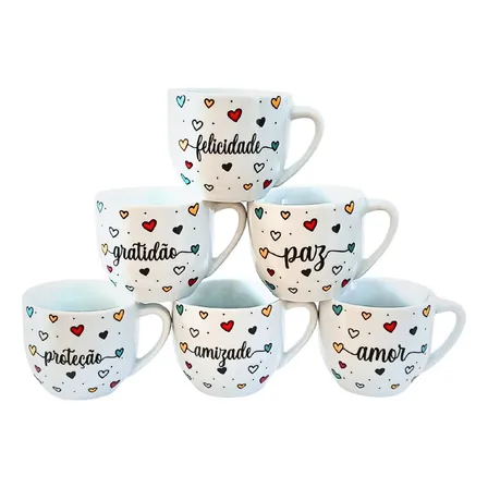 Kit Jogo Conjunto 6 Xicaras Café Chá 170ml - Porcelana Corações Frases