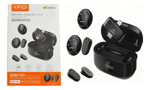 Microfone Lapela Sem Fio Duplo Kaidi Anti Ruido Ia Com Imã Preto