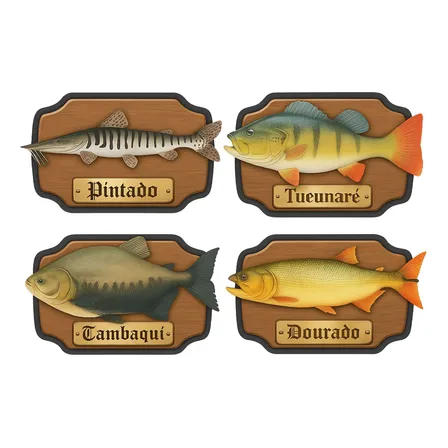 Kit 4 Placas Peixes Pintado, Tucunaré, Tambaqui E Dourado