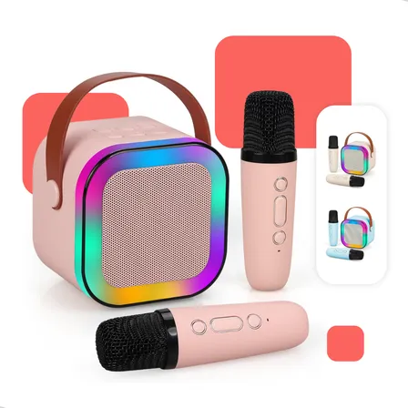 Caixinha Som Karaokê 2 Microfones Caixa Bluetooth Infantil Rosa 127/220v