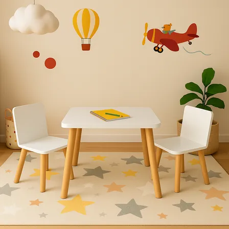 Mesa Infantil Tampo 100% Mdf 60cm Pés Madeira 2 Cadeirinhas