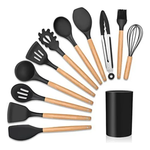 Kit C/12 Utensílios De Cozinha Em Silicone Cabo Madeira Cor Aleatória