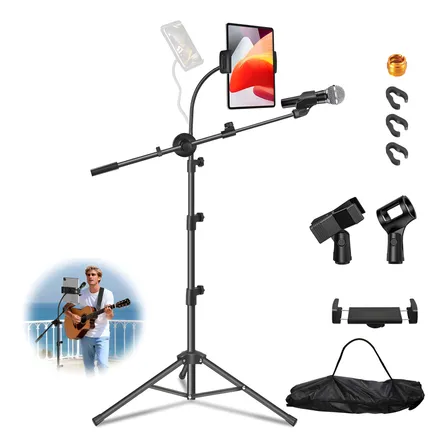 Pedestal De Microfone Girafa Ajustável Com Garra Para Tablet Preto