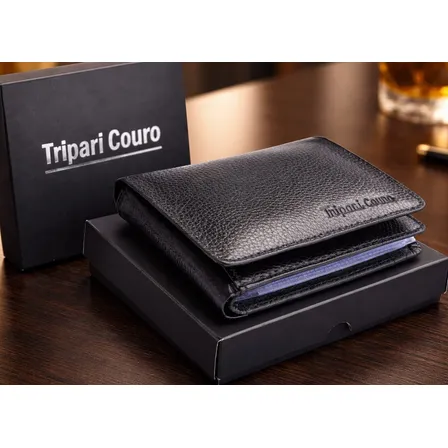 Carteira Couro Legítimo Masculina Tripari Couro 401 Completa Preto Liso