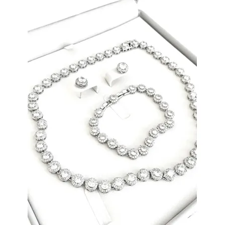 Conjunto Revestido A Ródio Colar + Pulseira + Brinco