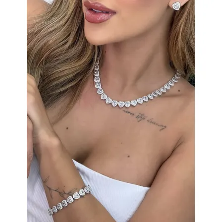 Colar Coração Conjunto Completo Pulseira E Brincos Zircônia