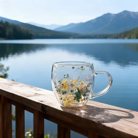 Caneca Vidro Borossilicato Parede Dupla Camélia Verão 250ml Transparente Camélia Verão