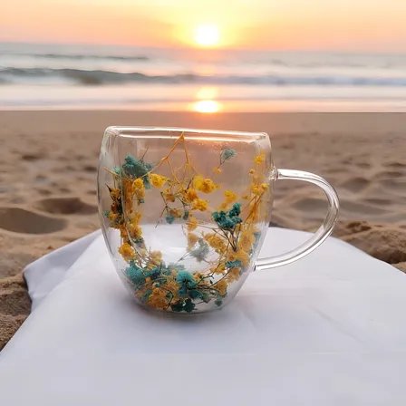 Caneca Vidro Borossilicato Parede Dupla Camélia Outono 250ml Transparente Flor De Camélia Outono