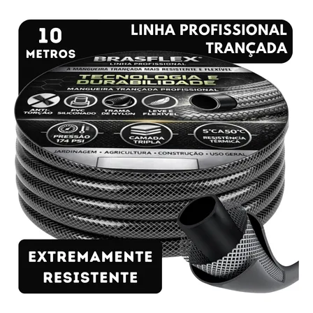 Mangueira De Jardim 10 Metros Trançada Reforçada Brasflex Flexível Siliconada Durável Cinza