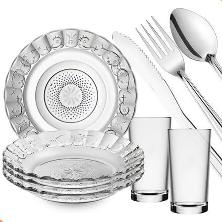 Aparelho De Jantar 20 Peças - Pratos + Copos + Talheres Inox